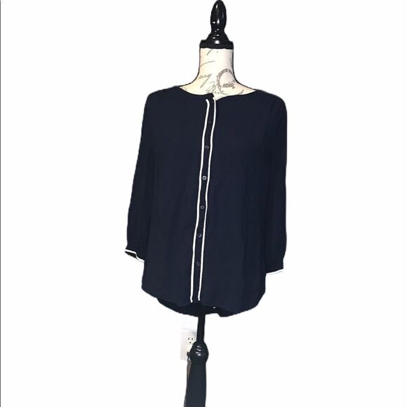 Jcp. Women’s navy button down blouse white stripe - Picture 5 of 16